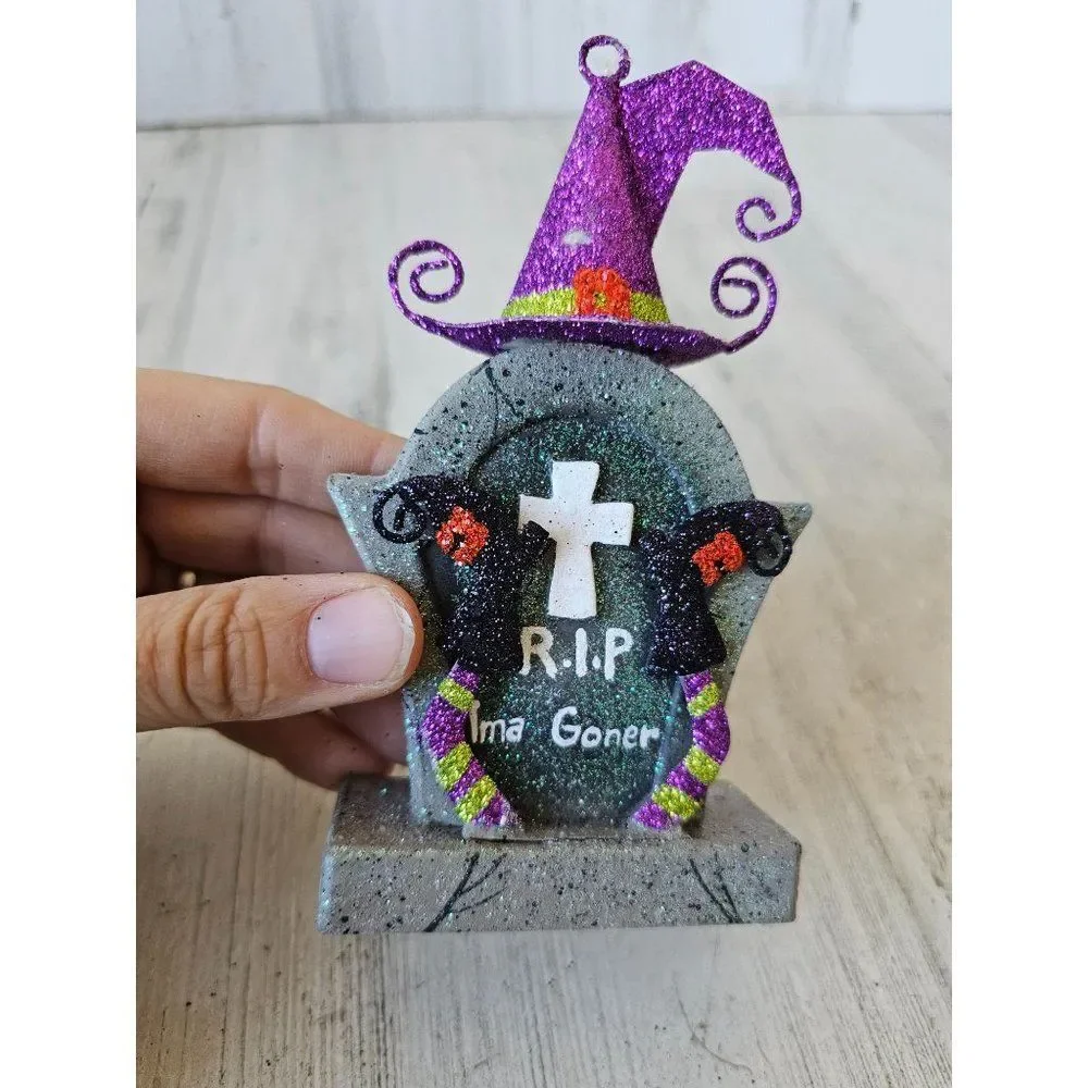 Pier 1 glitter witch tombstone ornament‎ Halloween decor rare vintage rip